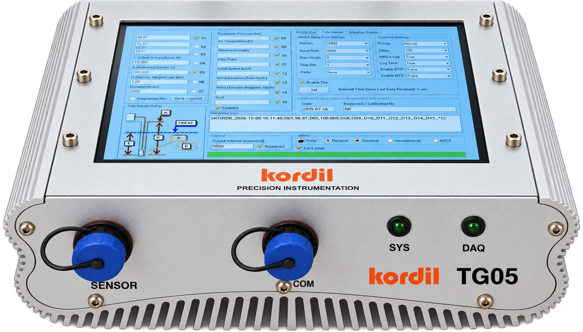 Kordil TG05 radar tide gauge monitoring unit with touchscreen software