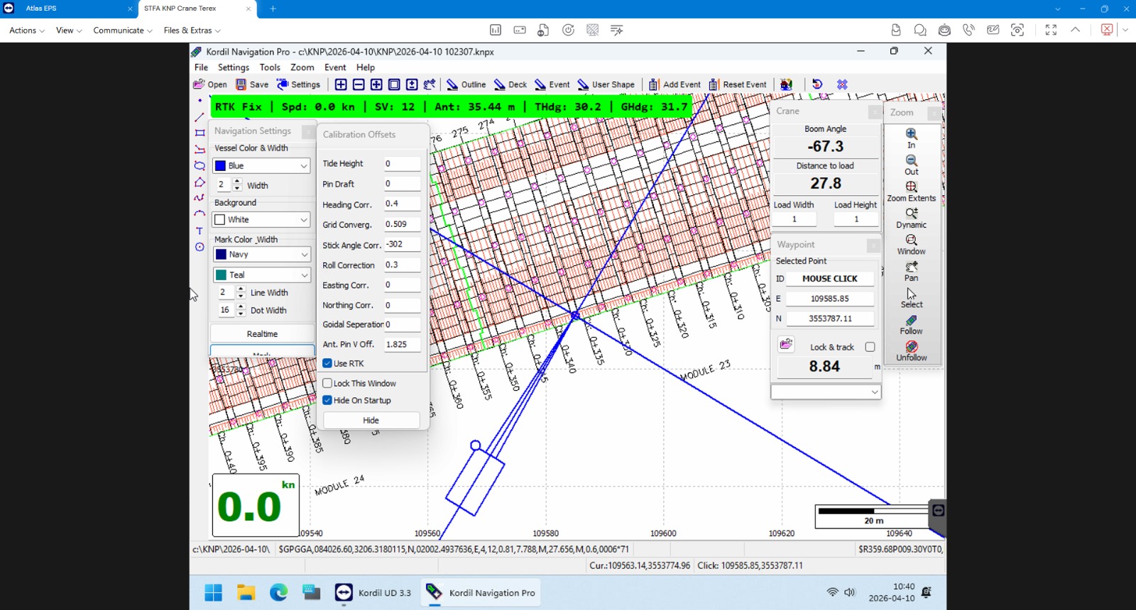 Kordil Navigation Pro üzerinde proje çizimi ve vinç konumunu gösteren Kordil CPS 2D seçeneği