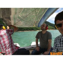 Survey crew carrying out measurements from a small boat