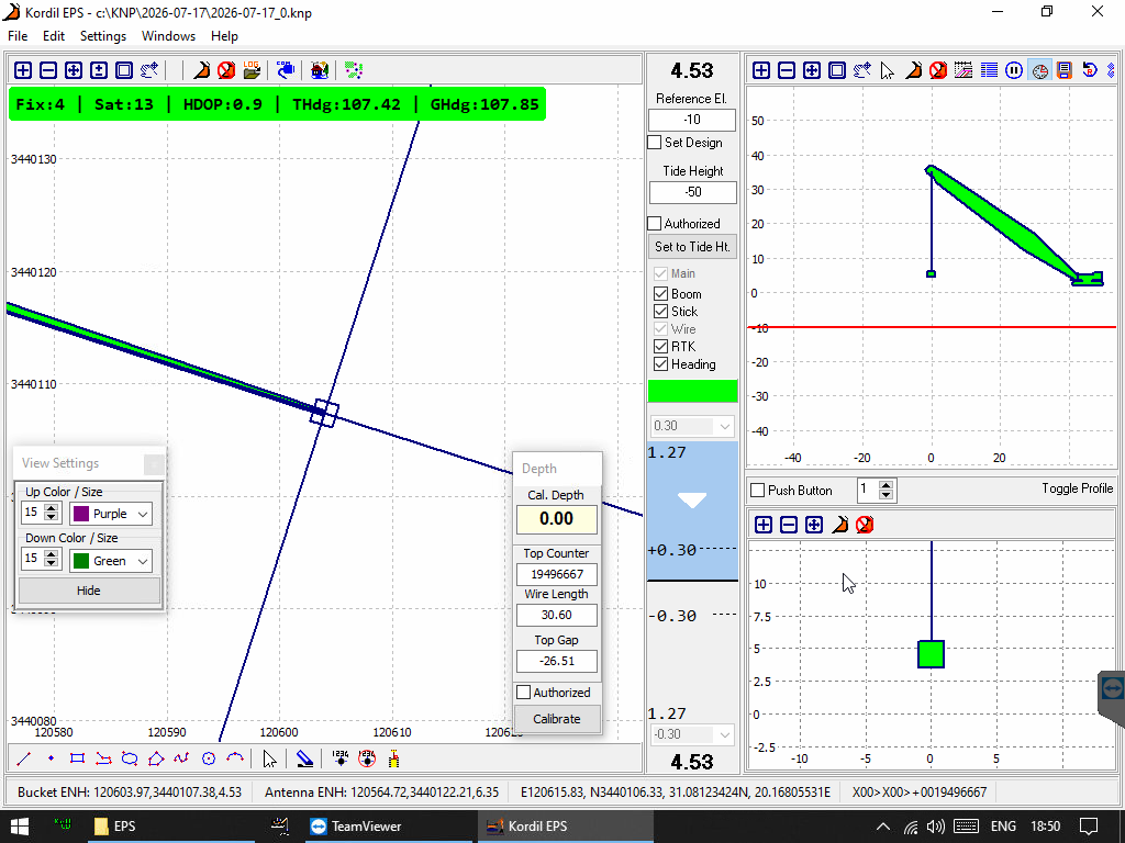 Kordil CPS software showing plan view, crane profile and wire length