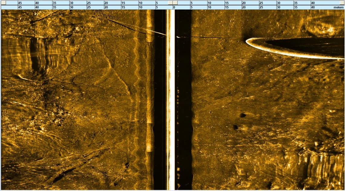 Side-scan sonar record showing seabed texture, distinct contacts and their acoustic shadows.