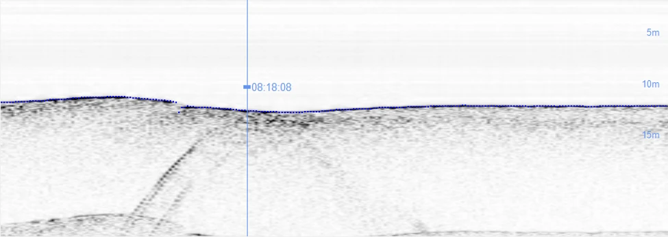 Sub-bottom profile showing the seabed reflector and deeper acoustic returns for subsurface and burial-depth interpretation.
