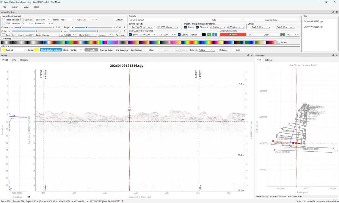 Kordil sub-bottom processing display with interpreted sediment reflectors and survey track