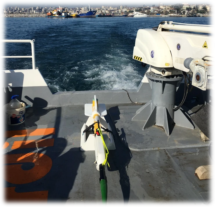 Survey towfish prepared on the vessel’s aft deck for marine geophysical data acquisition.