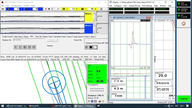 Integrated acquisition display combining acoustic records, magnetic response and survey-line navigation.