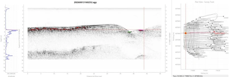 Processed sub-bottom section with seabed interpretation and the corresponding survey-track location.