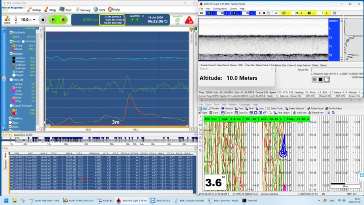 Magnetic survey acquisition display with anomaly profiles, sensor altitude and navigation