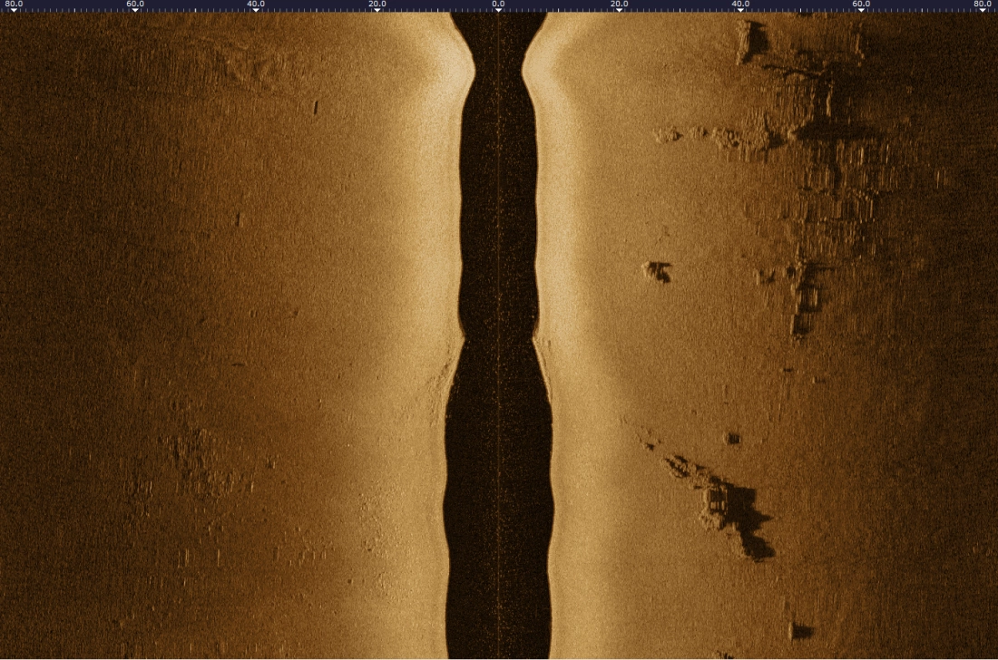 Side-scan sonar record showing rocky seabed features and their acoustic shadows