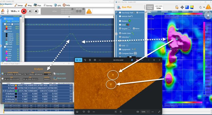 Marine UXO survey: magnetic gradient anomaly correlated with side-scan sonar targets